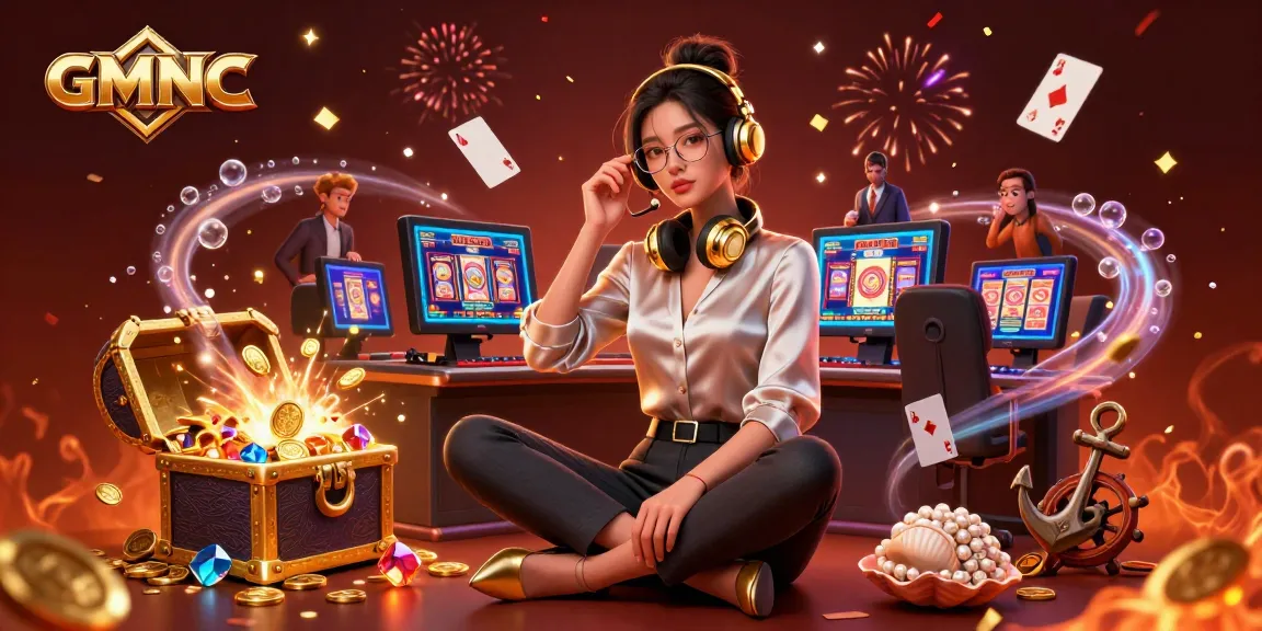 Engage in exciting GMNC slot gaming with a stylish Asian woman at an advanced casino setup.