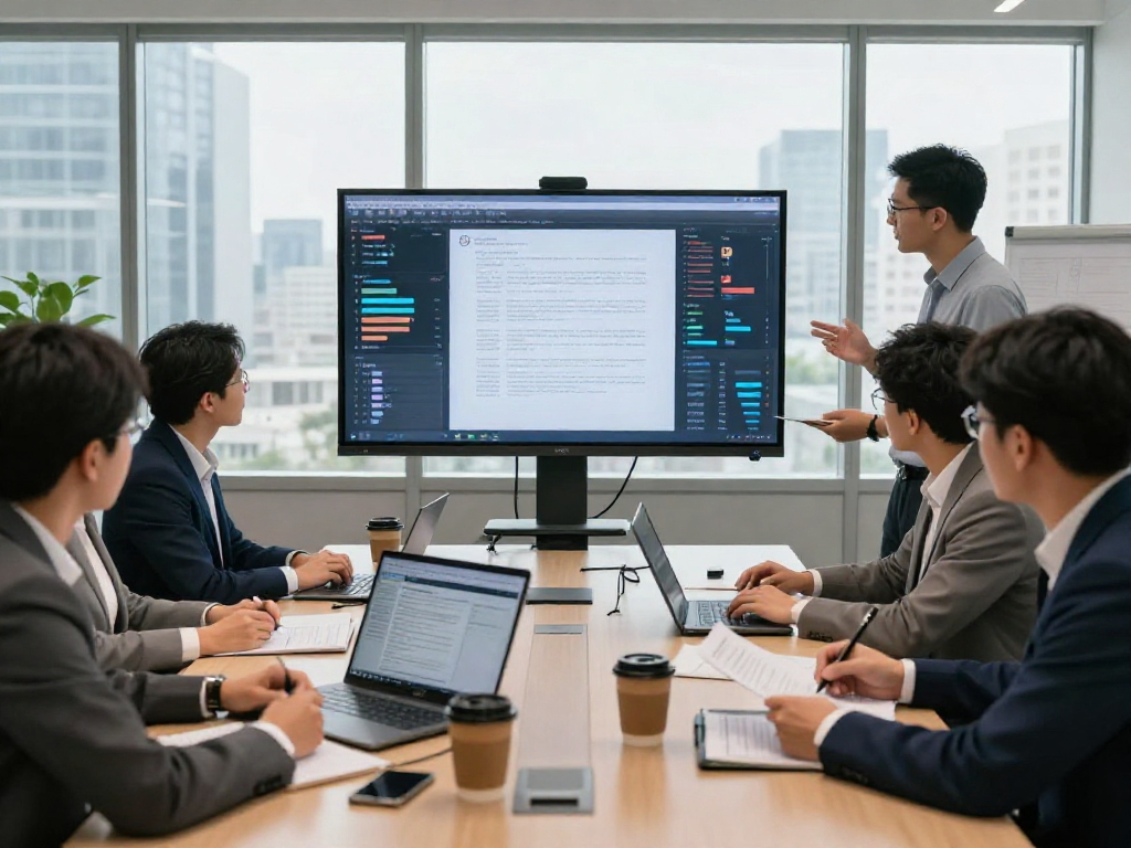 Document fraud detection meeting with team analyzing fraud metrics on screen in modern office.