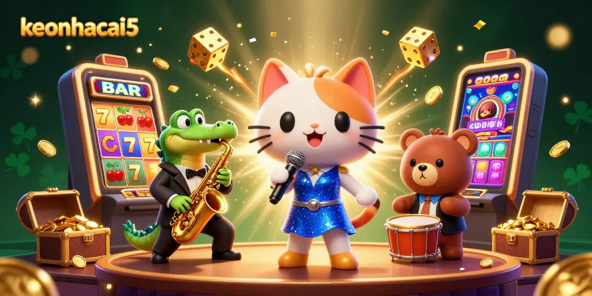 Experience the excitement of keonhacai5 with a dazzling casino scene featuring playful characters and vibrant gaming elements.