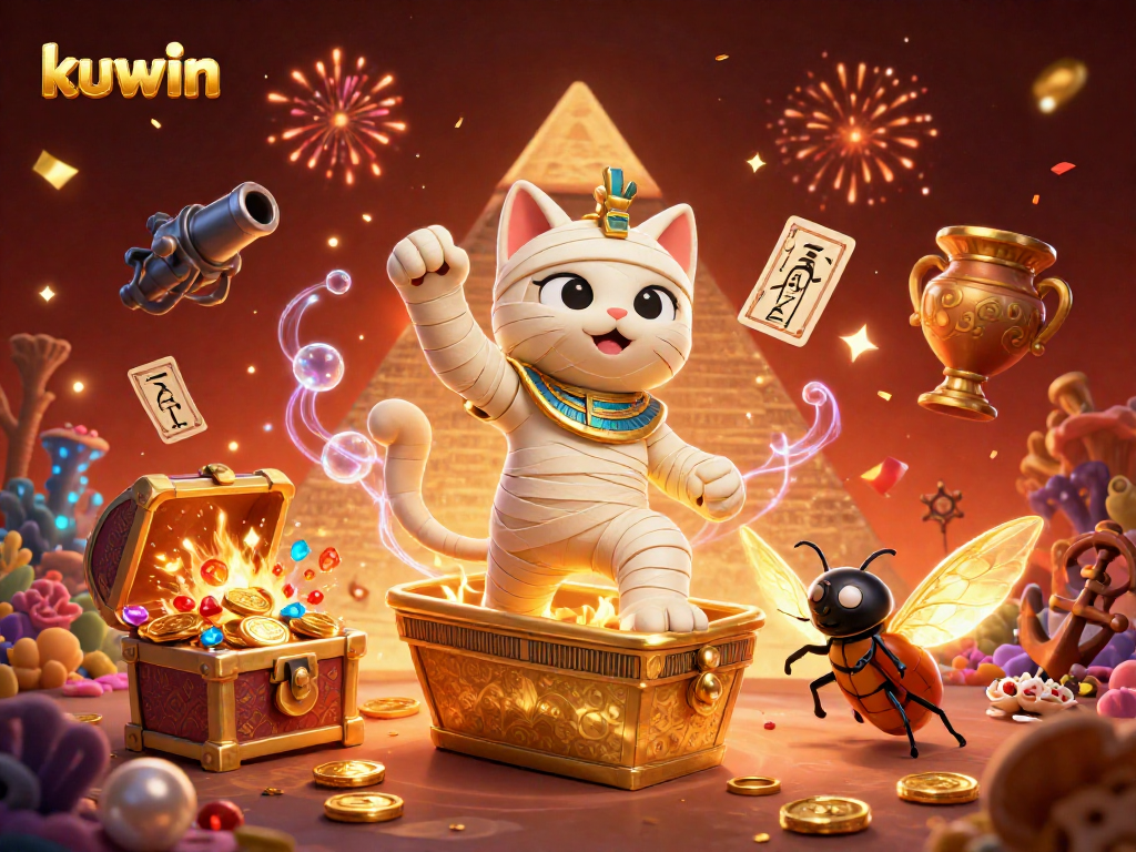 Kuwin features a vivid 3D illustration of an Egyptian mummy cat and scarab beetle in a bustling casino scene bursting with gold and colorful gems.