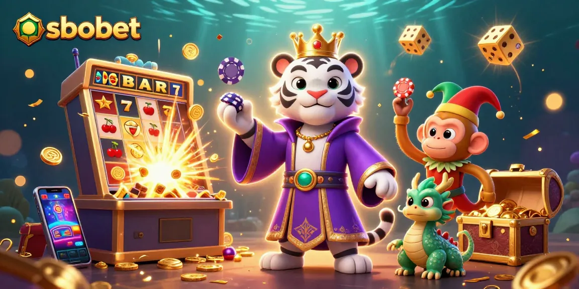 SBOBET illustrates thrilling gameplay with a regal tiger, mischievous monkey, and animated dragon amidst vibrant casino elements.