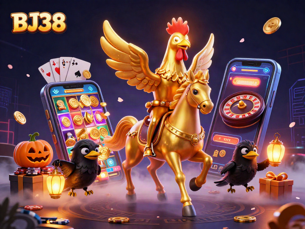 Experience BJ38 action with a golden rooster, casino games, and dynamic elements illuminating the gaming scene.