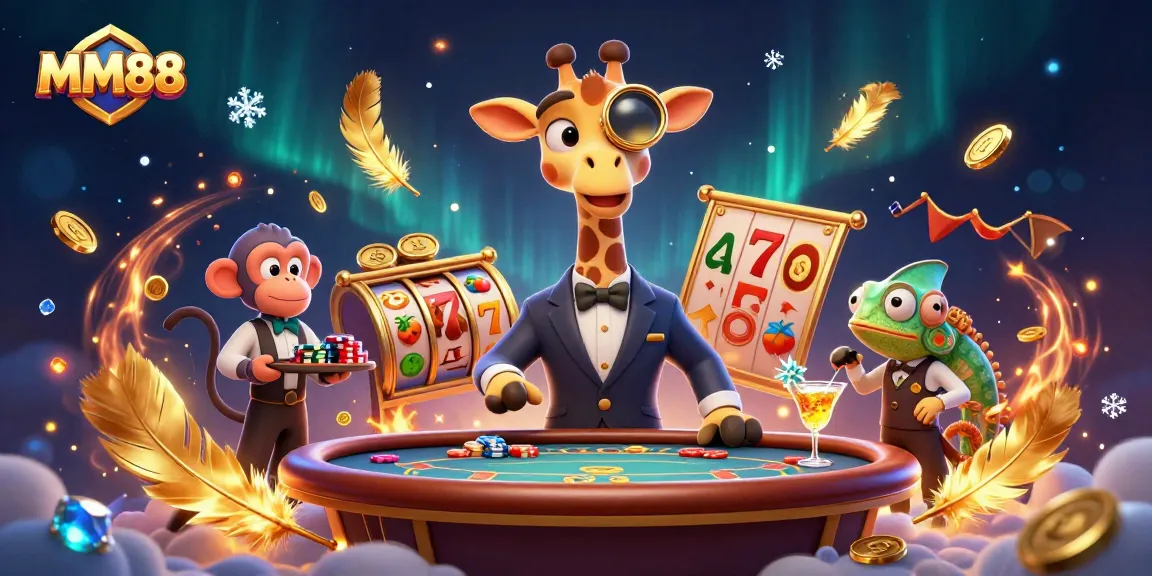 Experience thrilling gameplay at MM88 with a charming giraffe, monkey valet, and chameleon bartender.