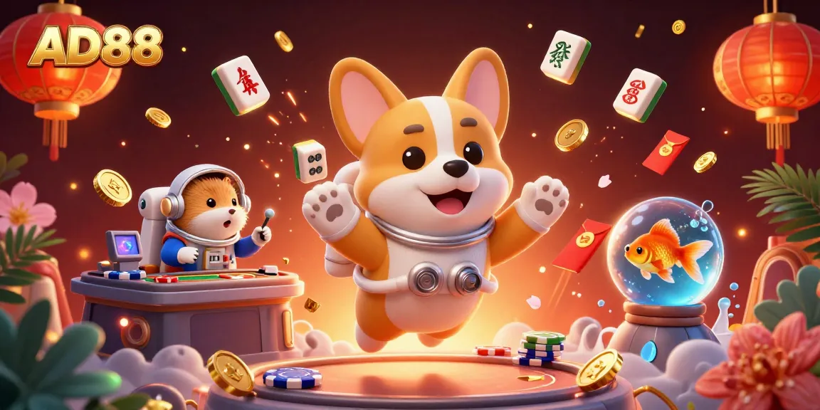 Experience the excitement at AD88 with an astronaut corgi in a space casino scene filled with action and gaming elements.