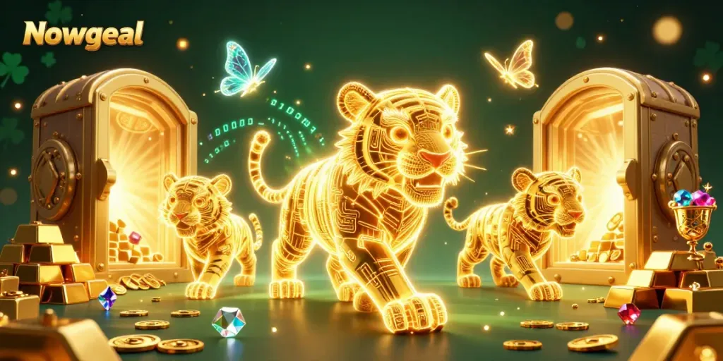 Nowgoal provides vibrant insights into sports betting with a glowing golden tiger amidst casino treasures.