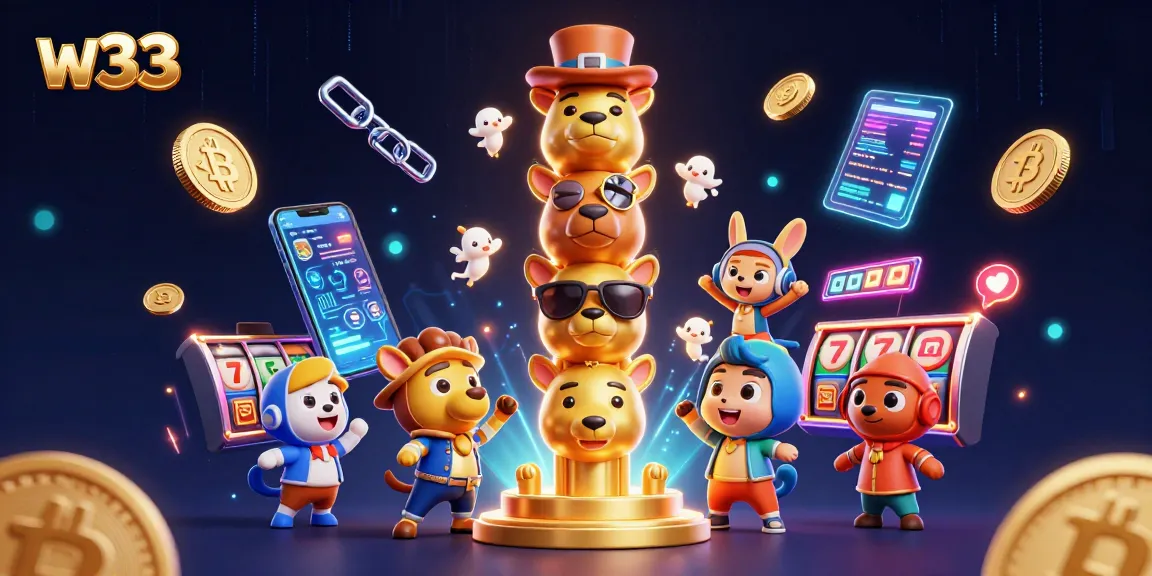 Spin the reels at w33 Casino with vibrant graphics showcasing 3D gaming elements and crypto themes.