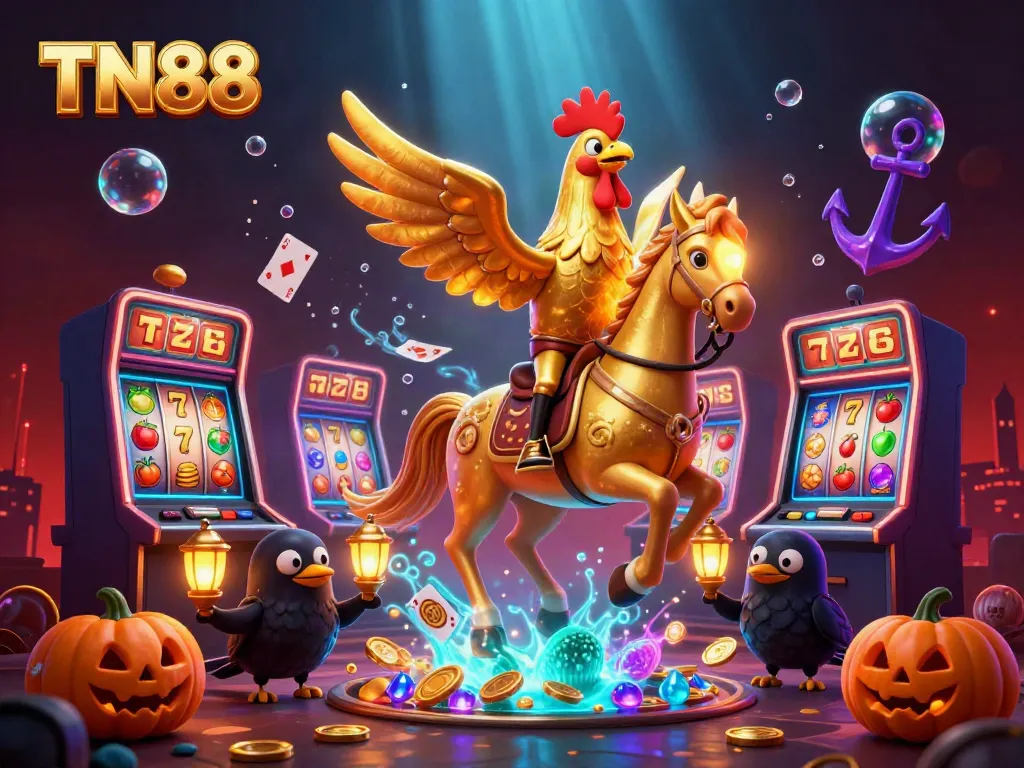 Experience the exciting TN88 casino scene with a golden rooster and spectral horse surrounded by games and treasures.