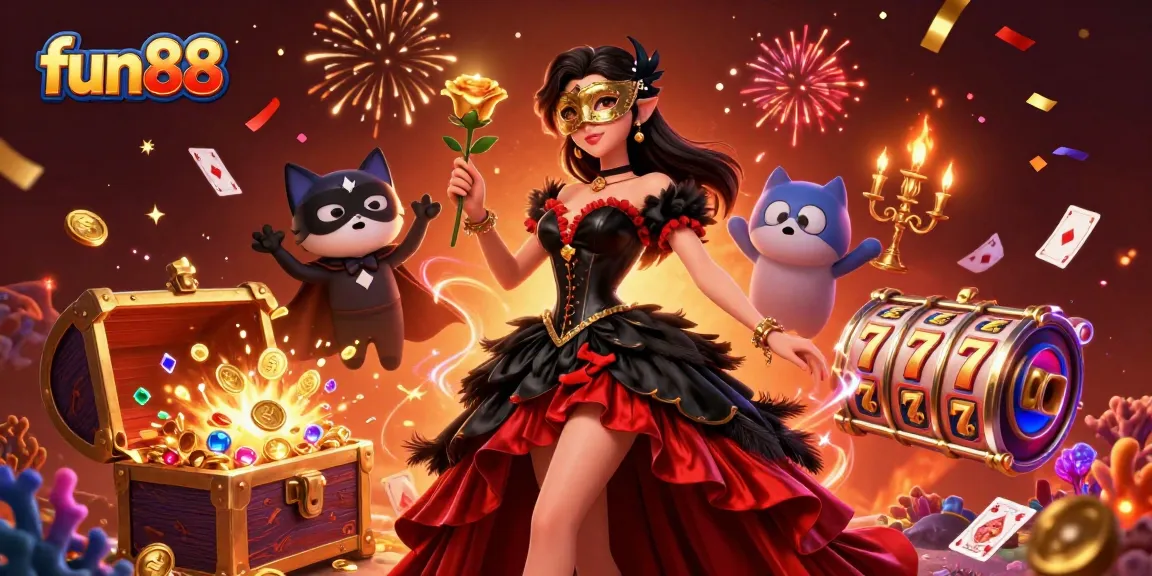 Engage in the fun88 online casino experience with a stunning 3D illustration of characters immersed in vibrant gambling elements.