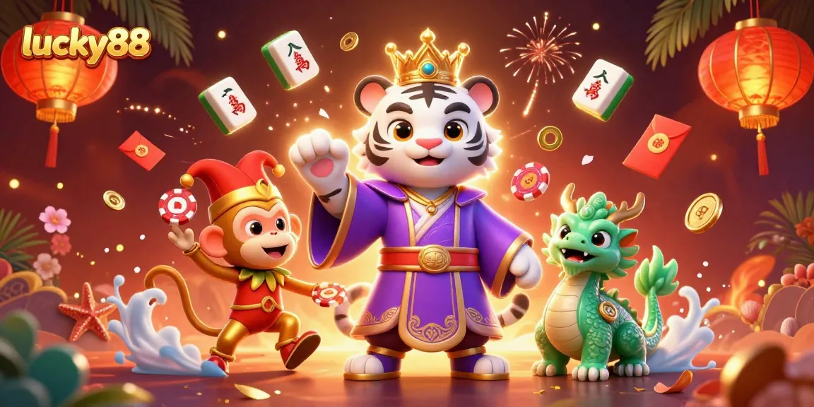 Join the excitement of lucky88 with an enchanting scene of gaming, featuring a playful monkey and a wise tiger.