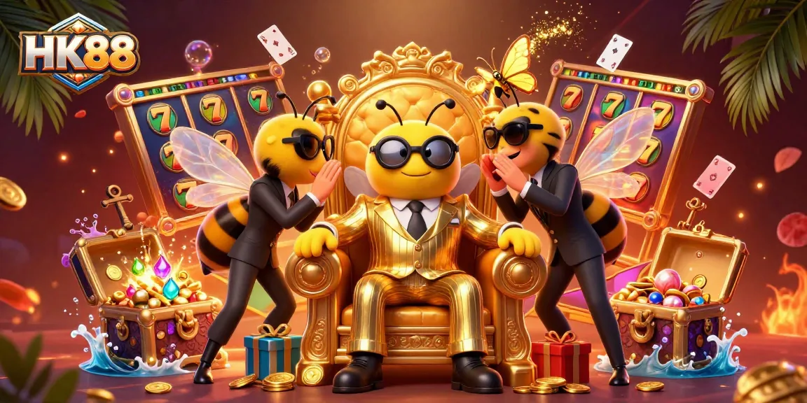 Engage with HK88's vibrant bumblebee mob boss in a dynamic casino scene filled with slot reels and golden treasures.