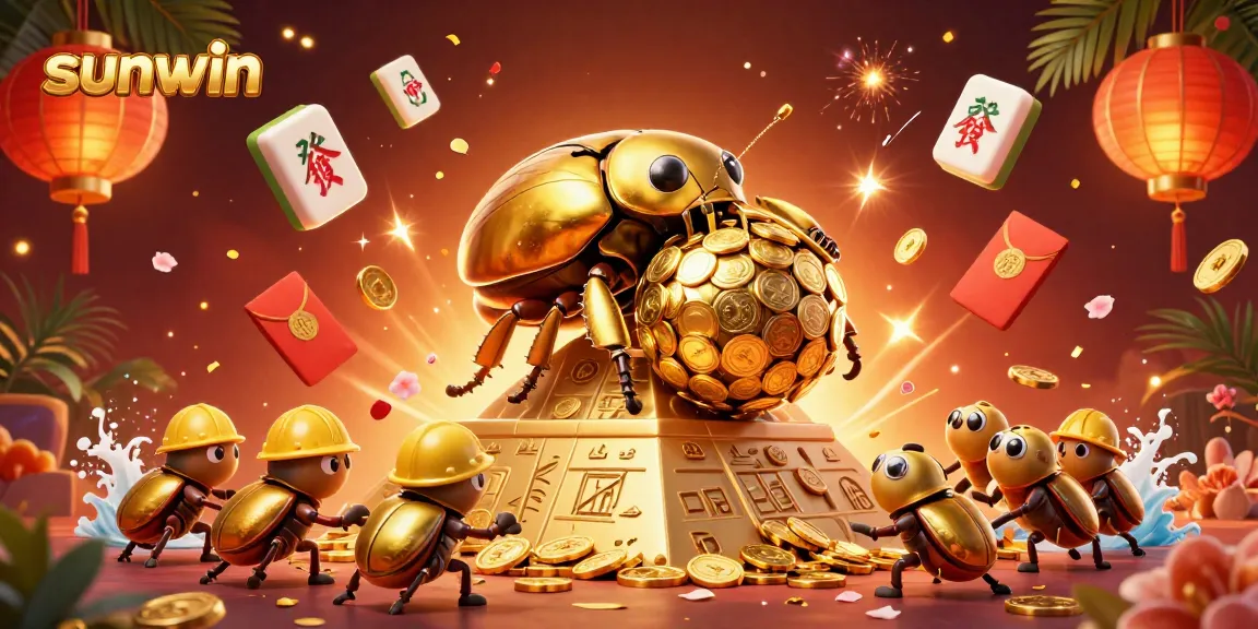 Spin winning reels at sunwin while beetles collect golden coins in an exciting casino scene.