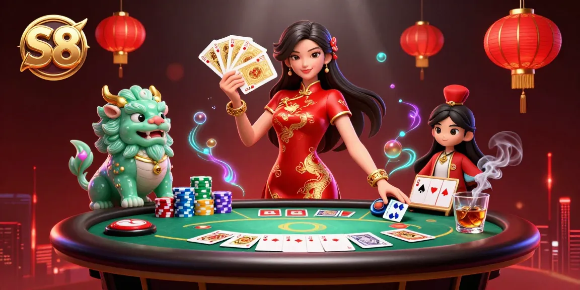 Engage with S8's vibrant casino scene featuring poker chips and cards held by a qipao-clad woman.