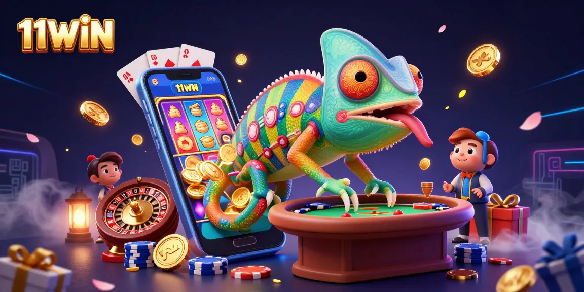 Play at 11WIN with an animated chameleon casino owner, winning slots and poker fun!