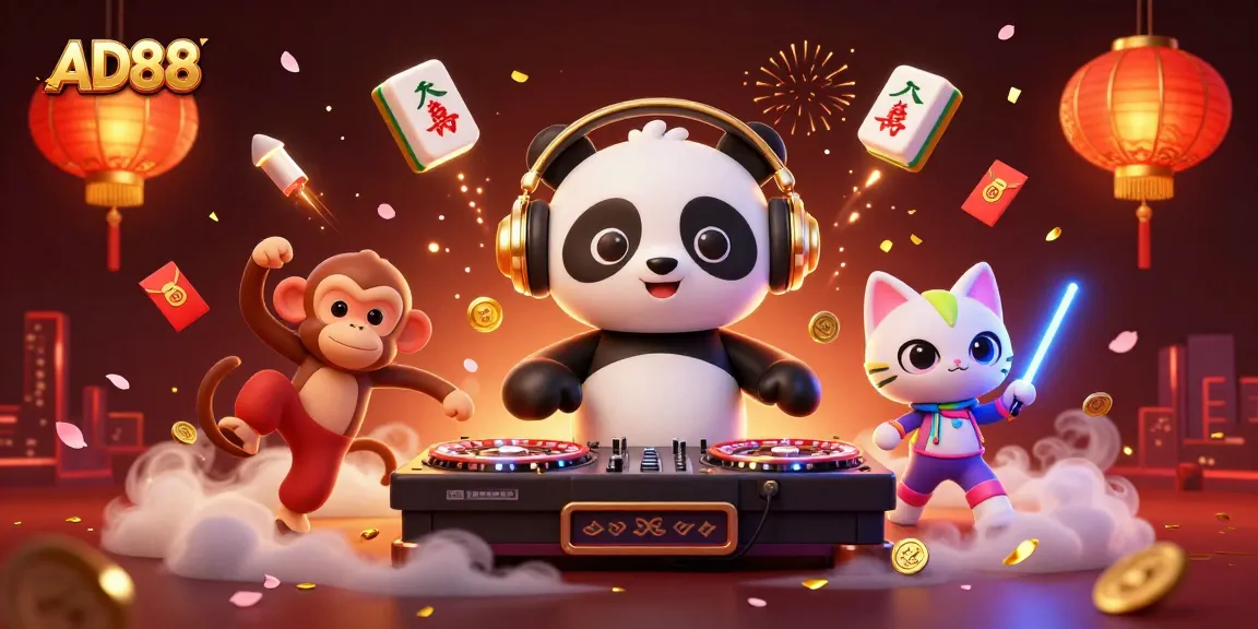 Engage in lively action with the AD88 casino scene showcasing a DJ panda, breakdancer monkey, and rave kitten.
