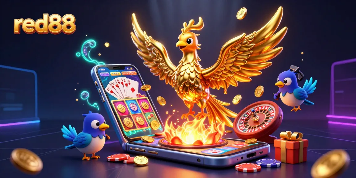 Engage with the vibrant red88 gold phoenix amid an exciting 3D casino scene filled with games and rewards.