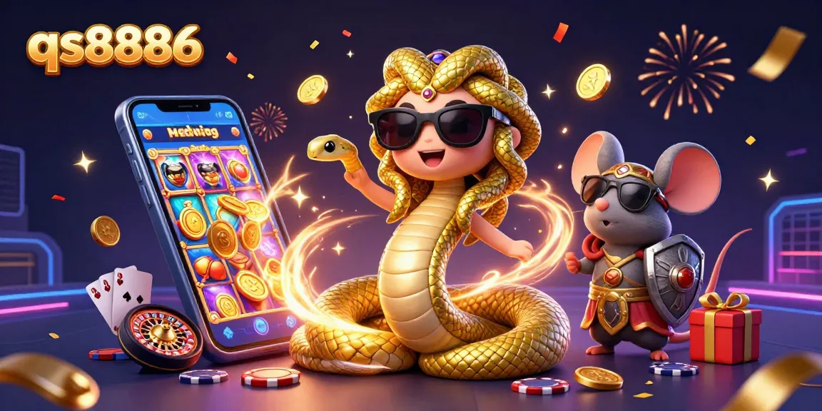 Experience the excitement at qs8886 with vibrant casino-themed elements and characters celebrating together.
