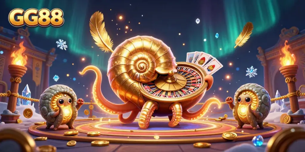 Experience immersive thrills at GG88 with a giant nautilus and ammonites in a vibrant casino scene.