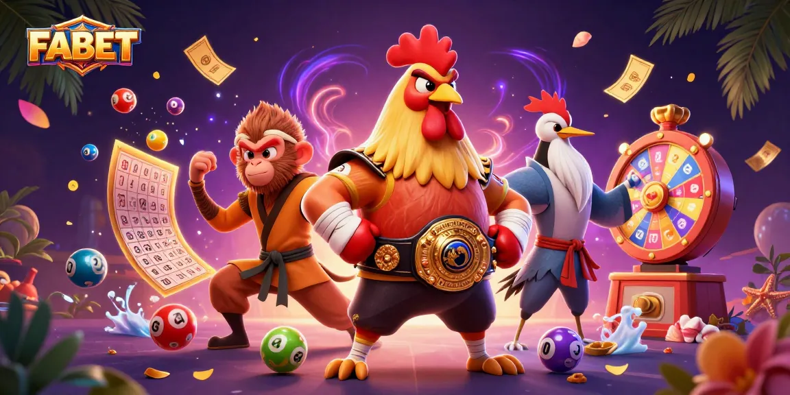 FABET showcases a dynamic lottery scene with colorful elements and exciting character interactions.