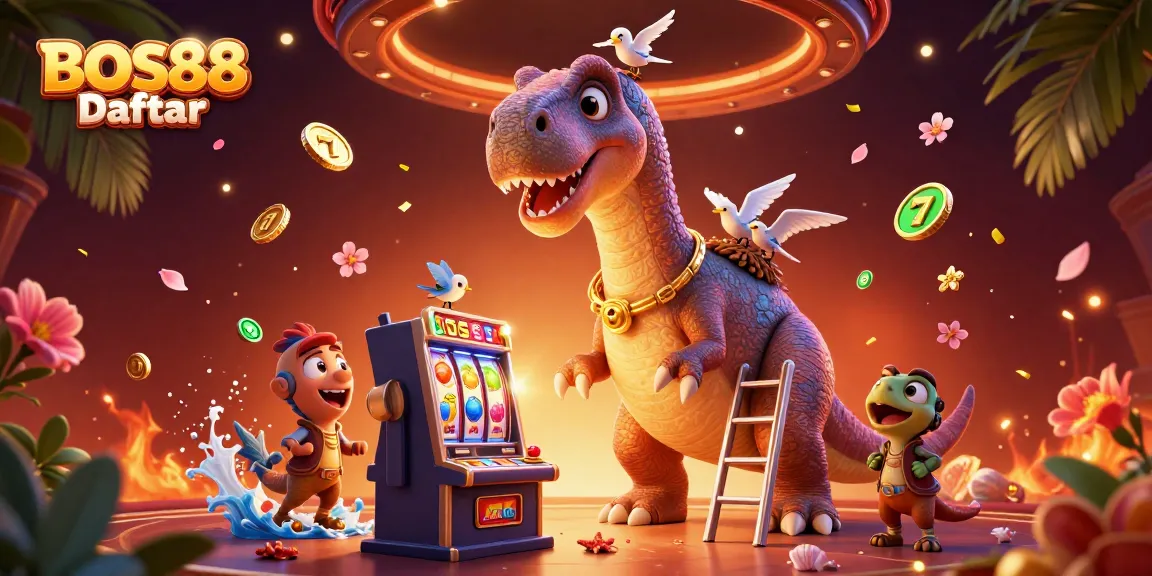 Bermain dengan slot online di BOS88 Daftar, brontosaurus unik dalam suasana kasino penuh warna.