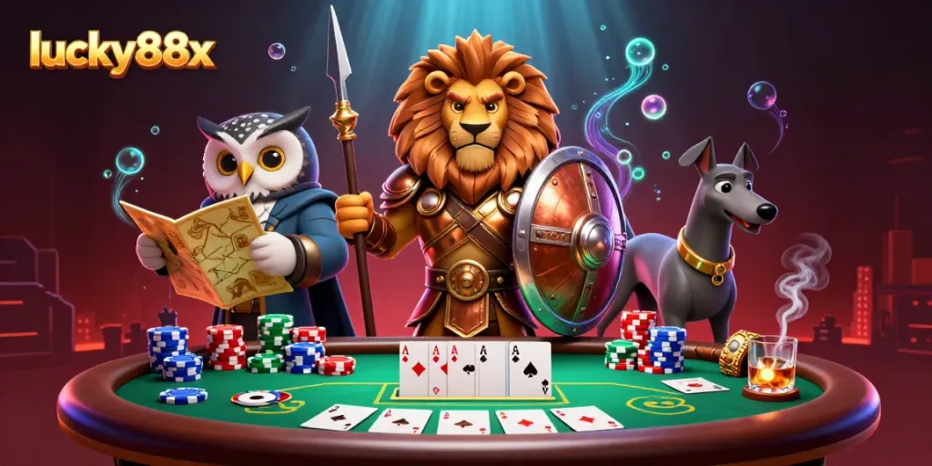 Engage in thrilling gameplay at lucky88x with a Spartan lion protector and strategic owl, amidst vibrant poker elements.