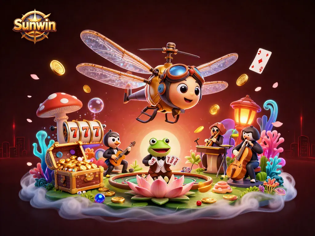 Experience the thrill of Sunwin with a vibrant 3D casino scene featuring a dragonfly pilot and frog croupier.