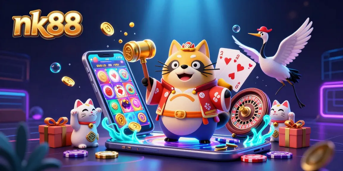 Engage with nk88 in this vibrant casino scene filled with lucky fortune cats, dynamic game elements, and festive atmosphere.