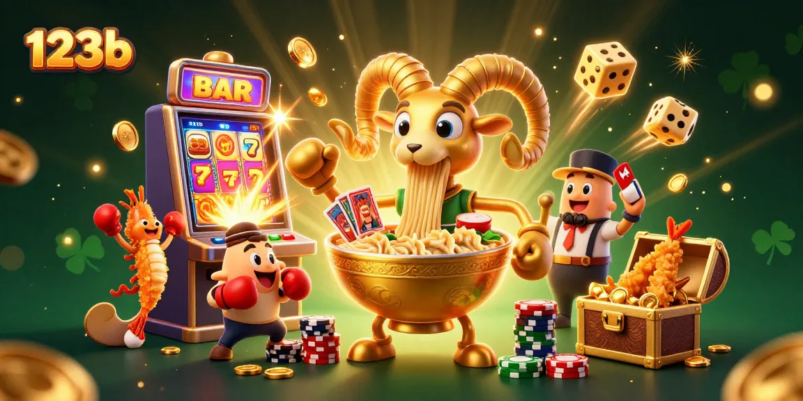 Engage with 123b in a vibrant casino scene featuring a golden ramen bowl dealer and lively game elements.