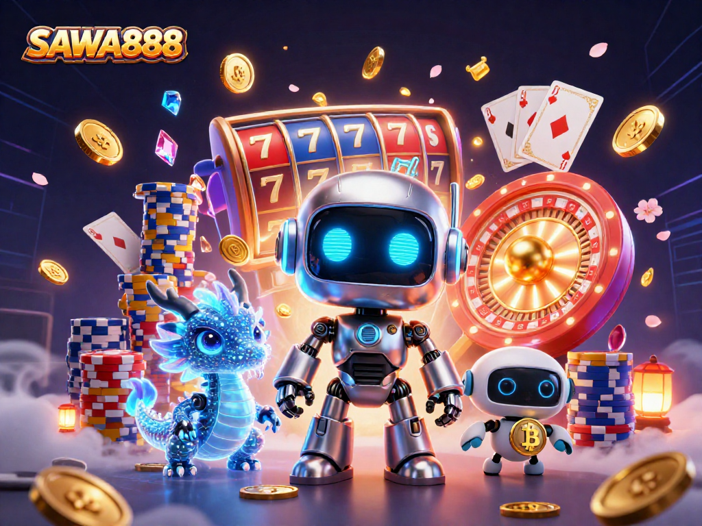 Experience SAWA888 with a vibrant casino scene featuring a cyberpunk robot and digital companions amidst slot reels and golden coins.
