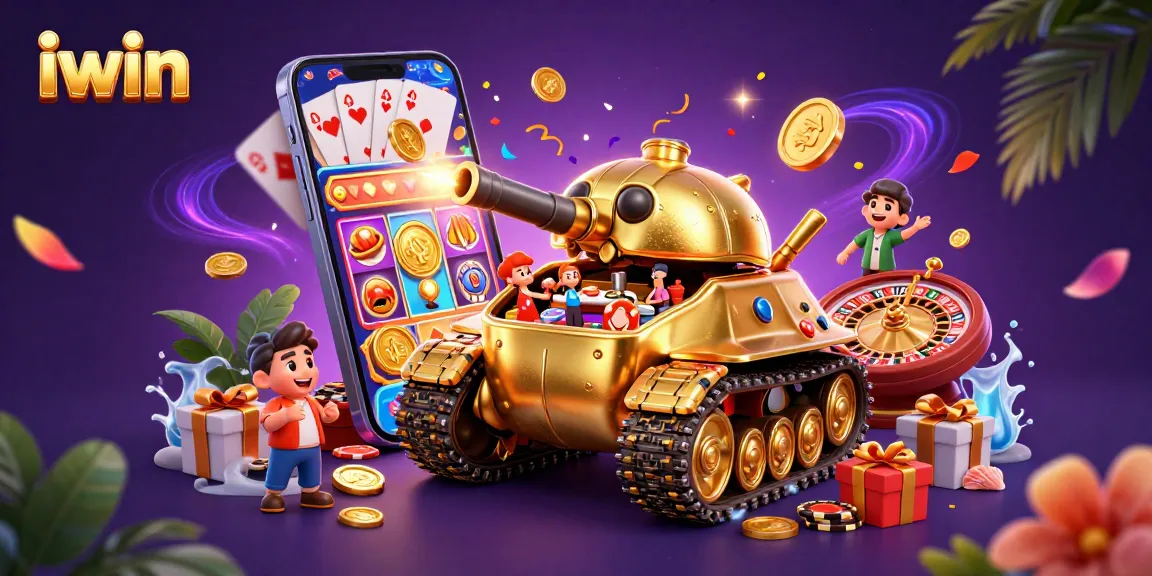 Play the iwin slots as golden coins erupt with a vibrant slot game on a smartphone in colorful casino scene.