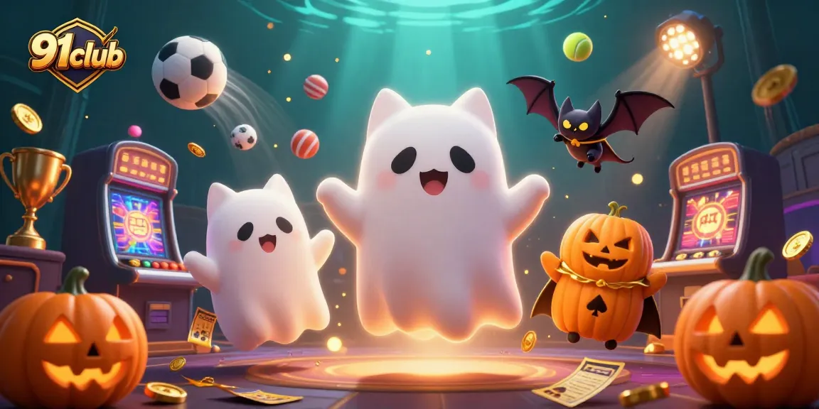 Engage with 91club's thrilling animations, featuring a ghost cat and a vampire bat in an exciting casino scene.