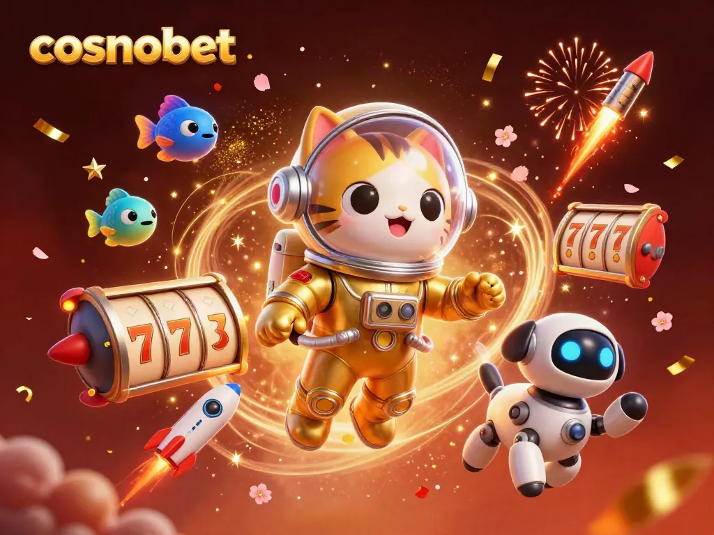 Experience thrilling games at Cosmobet casino with a floating astronaut cat and vibrant 3D elements.