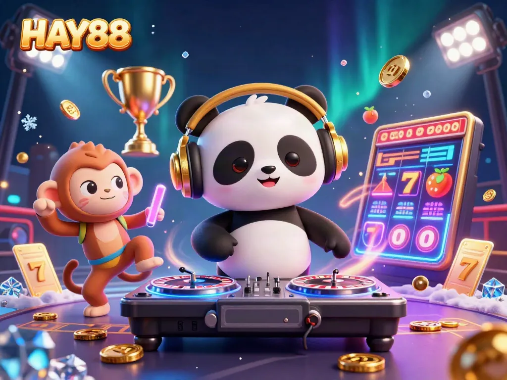 HAY88 Casino fun with DJ panda and dancing characters in a vibrant casino scene.