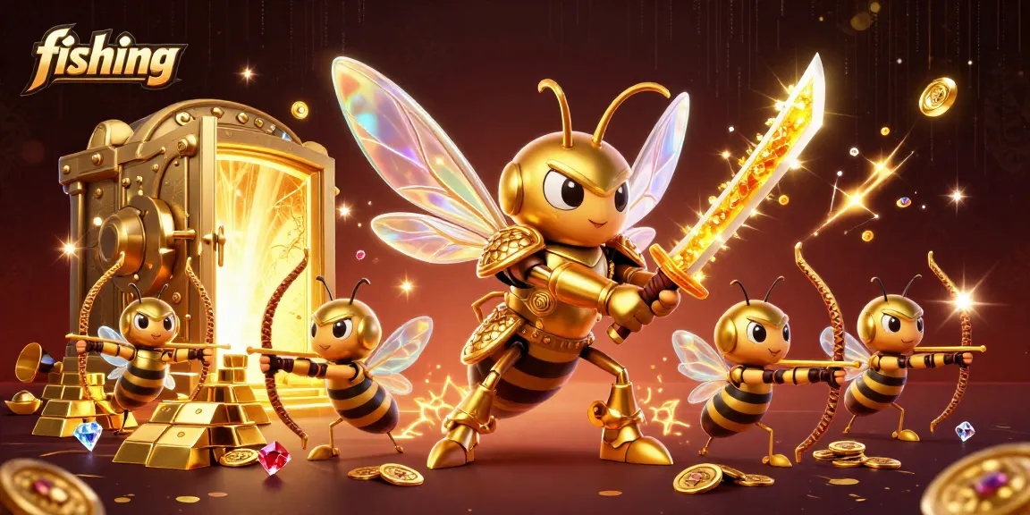 Fishing-themed casino illustration showcasing vibrant characters and rich gold treasures.