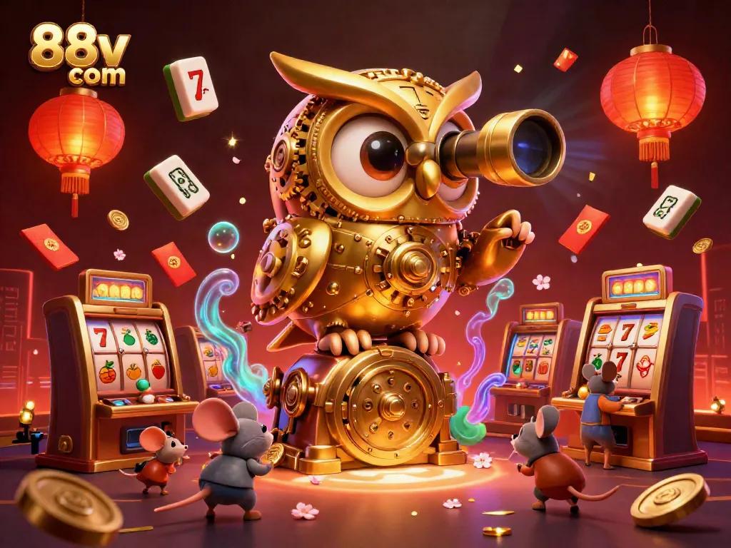 Engage with thrilling slots at 88vv com with a vibrant 3D casino scene featuring golden owl and lively elements.