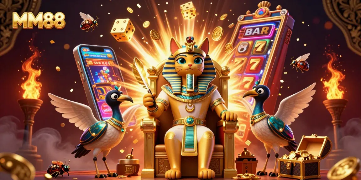 Experience thrilling gameplay with MM88's 3D scene featuring casino elements, pharaoh characters, and jackpot excitement.