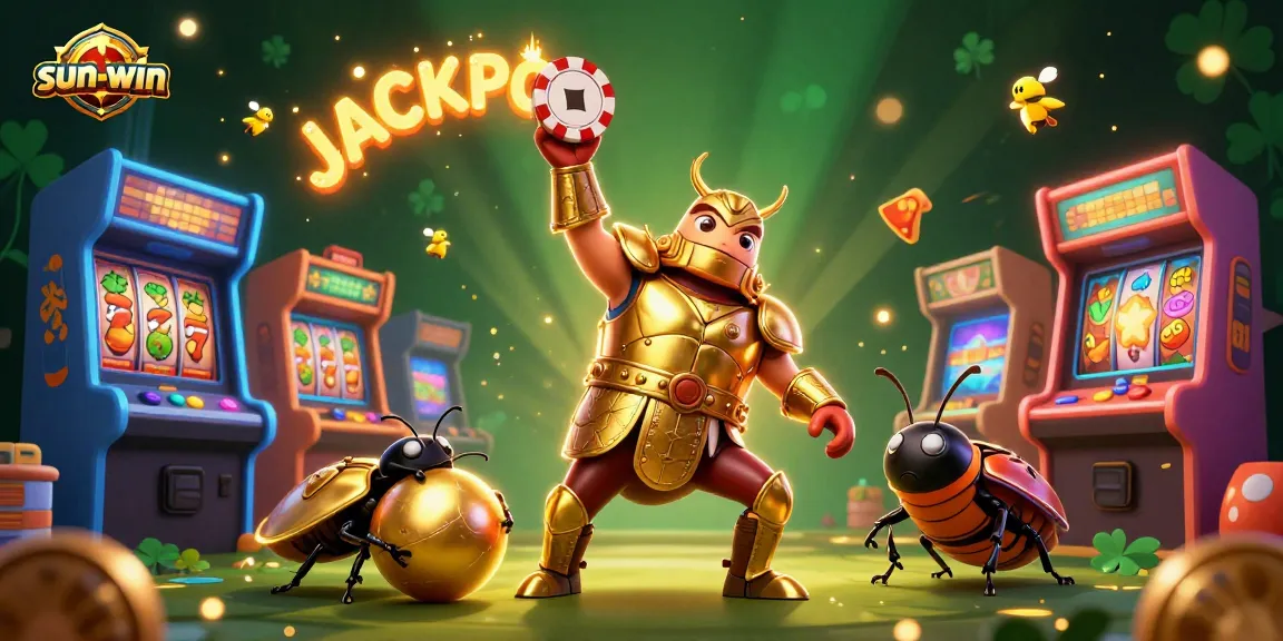 Spin to win with sun-win: an epic victory scene featuring cartoon beetle characters amidst colorful casino elements.