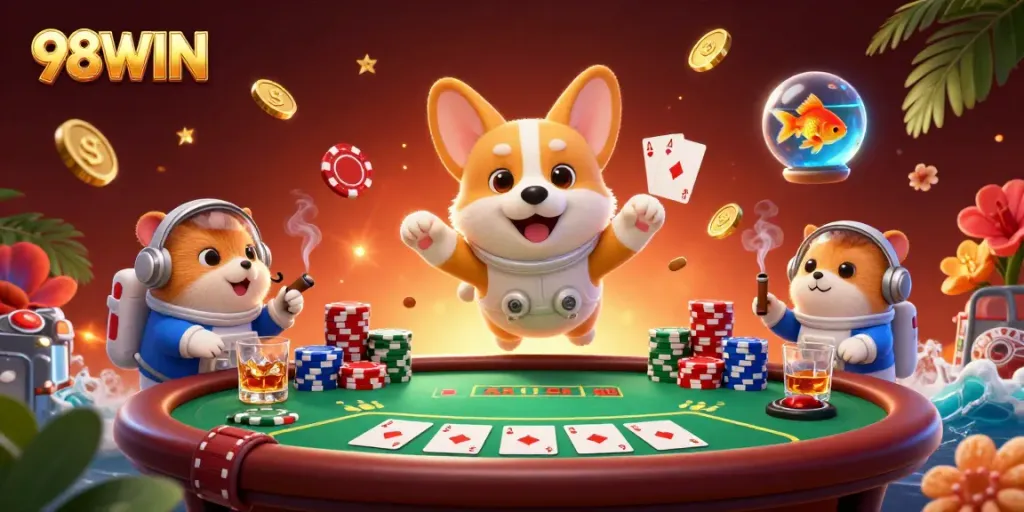 Experience the excitement of winning with 98WIN in a vibrant space casino scene featuring a playful corgi.