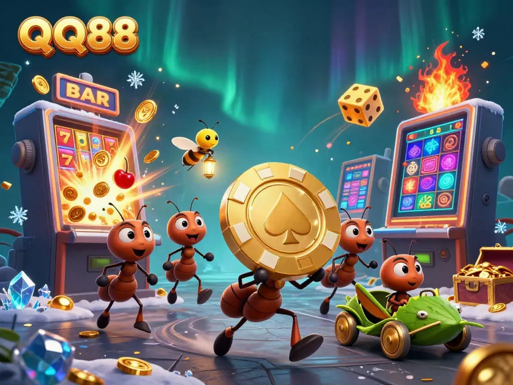 Interactive gameplay at QQ88 featuring a 3D team of ants executing a heist with giant poker chip.