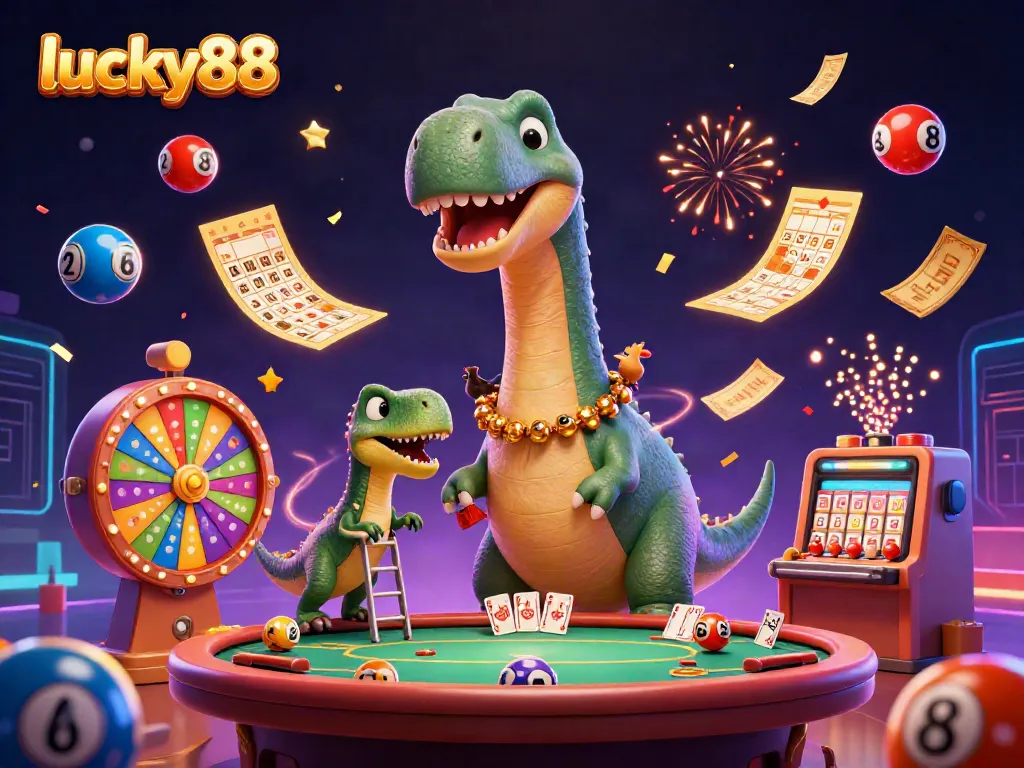 Experience excitement on lucky88 with a vibrant casino scene featuring a gigantic brontosaurus and raptor dealer.