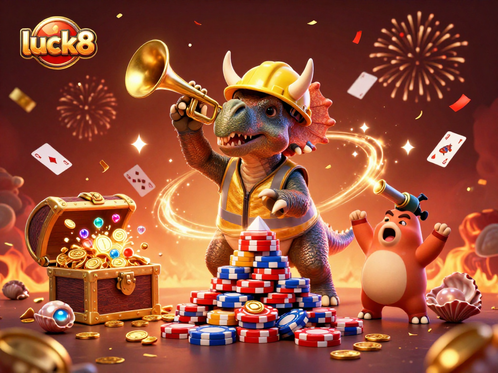 Engage in the excitement of luck8 with vibrant 3D cartoon celebration amidst poker chips and golden treasures.