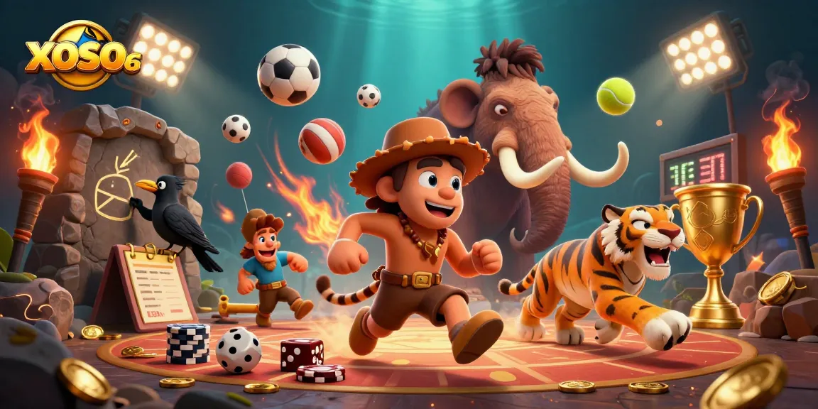 xoso66 interactive gambling scene featuring cavemen and sports elements in prehistoric casino setting