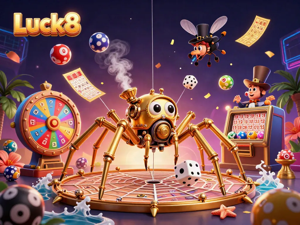 Luck8's vibrant scene with a steampunk spider catching dice, showcasing exciting lottery elements.