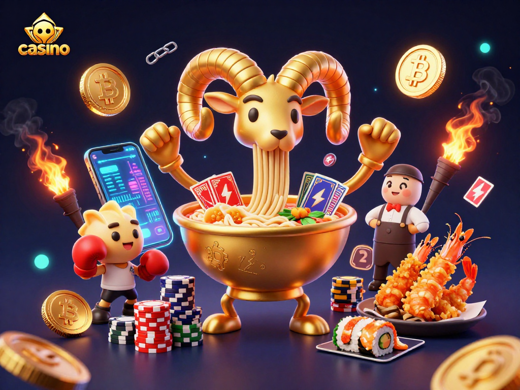 Engage in exciting casino action with cartoon elements like a golden ramen bowl, crypto coins, and cheerleaders.