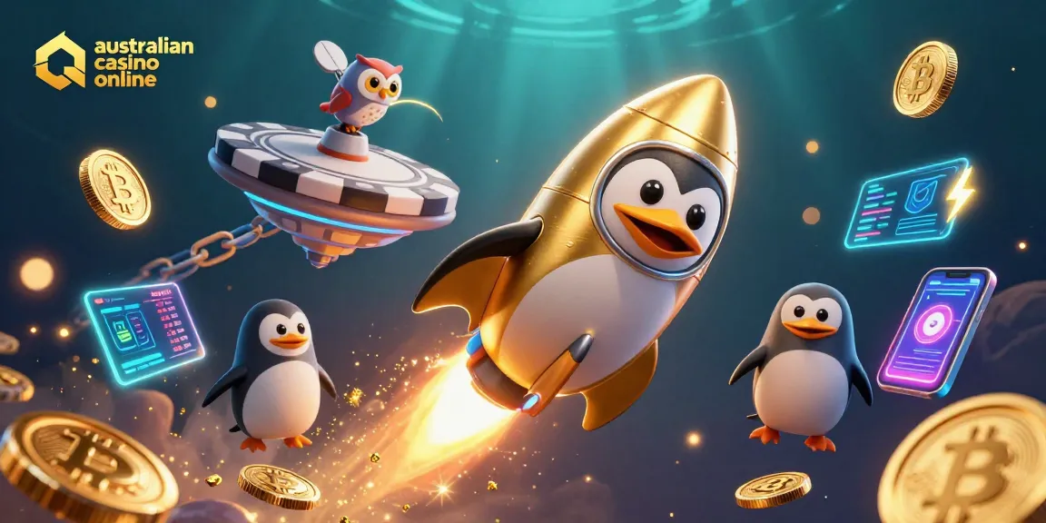 Engage with australian casino online through a dynamic scene featuring a golden penguin and neon crypto coins.