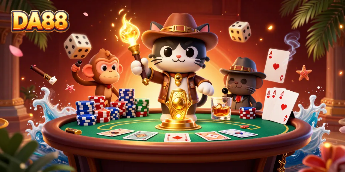 Engage with DA88 by witnessing an explorer cat discovering casino artifacts in a vibrant gaming scene.