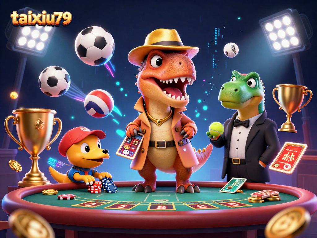 Engage with taixiu79's thrilling blackjack scene featuring a velociraptor card counter and dynamic game elements.
