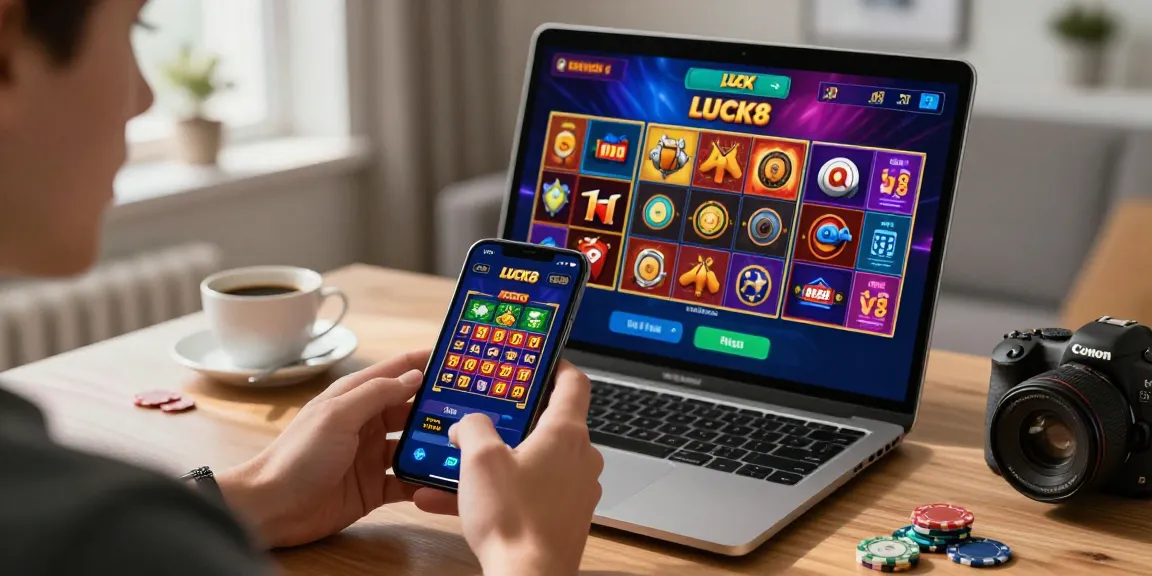 Engaging with the LUCK8 gaming app in a vibrant home office.