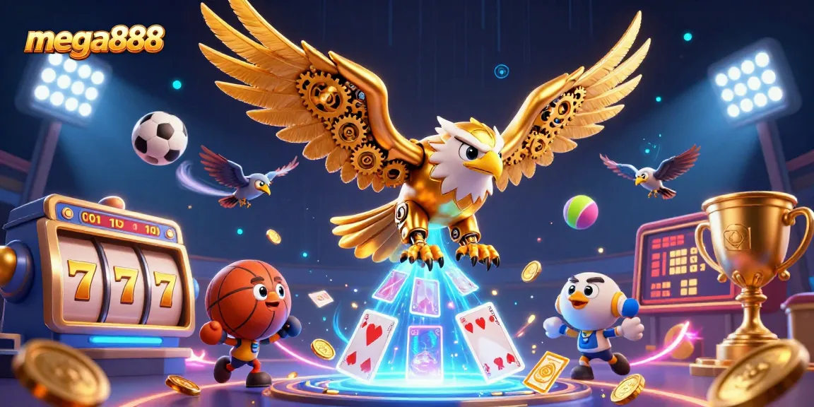Experience thrilling gaming with mega888 featuring 3D cybernetic eagle among slot reels and dynamic sports elements.