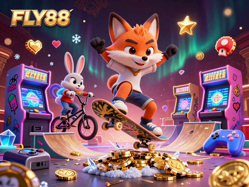 FLY88 offers thrilling action with a cartoon fox performing tricks over golden poker chips, embodying casino excitement.
