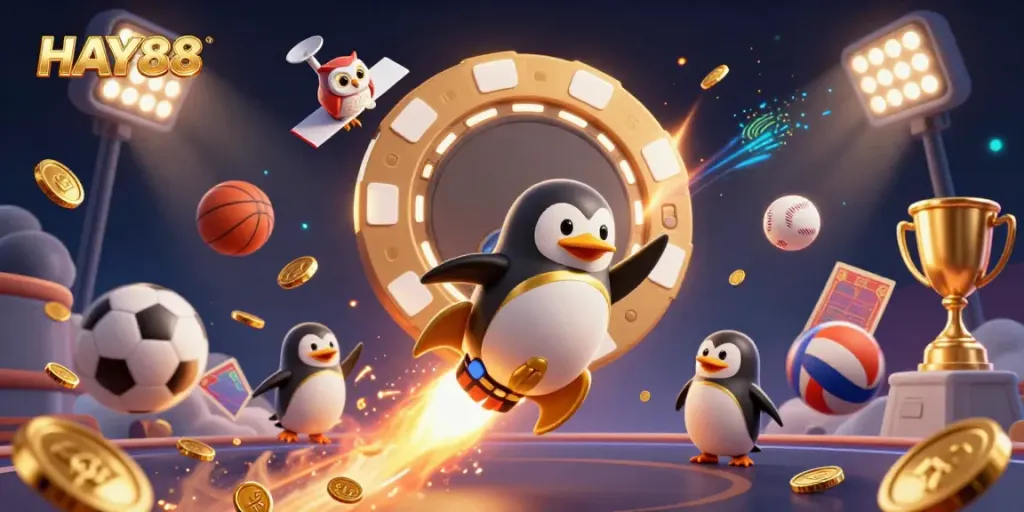 Experience HAY88’s thrill with a golden penguin flying to a casino, filled with games.